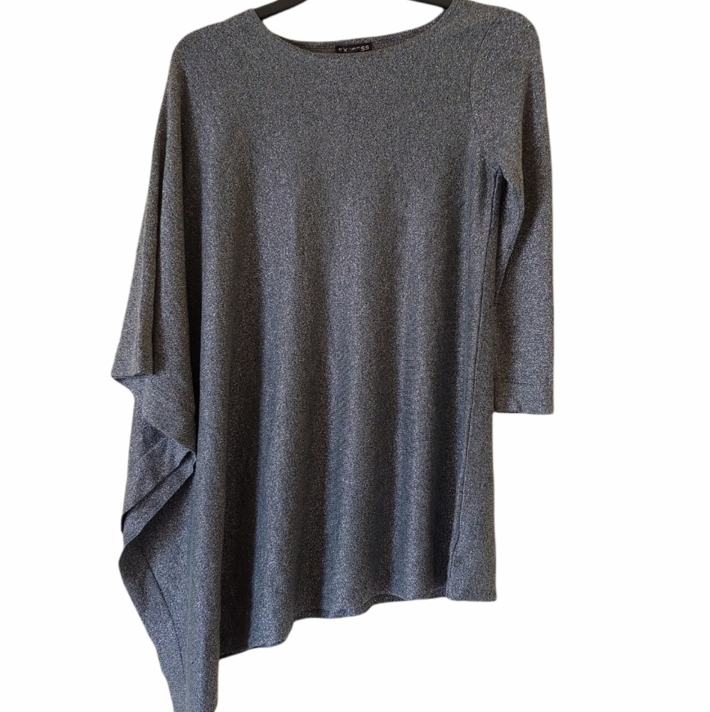 Express one long sleeve poncho knit top gray metallic silver size XS